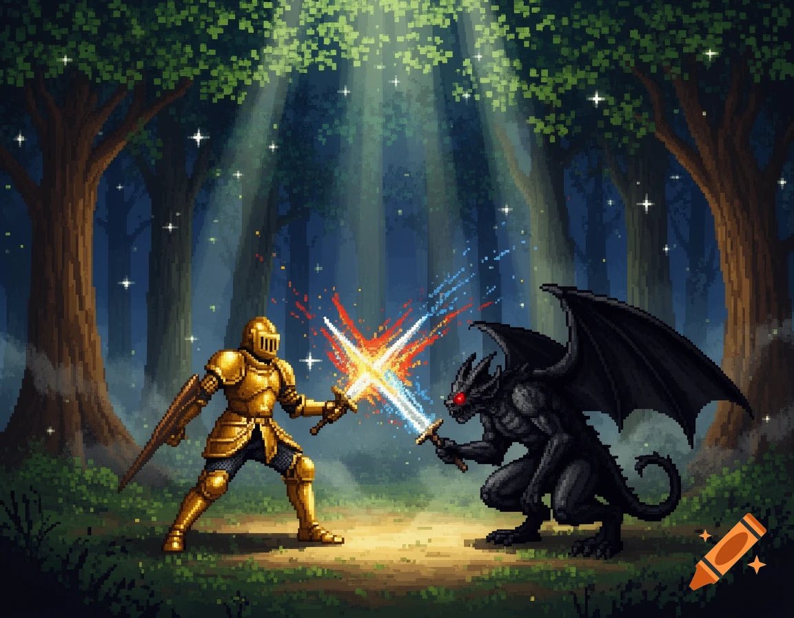 Pixel art scene of a golden knight dueling a black winged gargoyle with swords clashing in a moonlit forest.