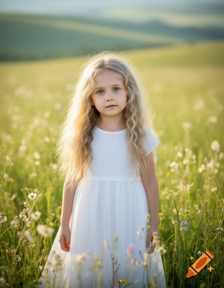 A young girl with long blonde hair and blue eyes stands in a sunny field of wildflowers.