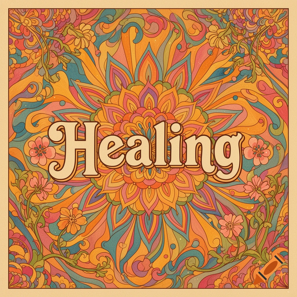 Groovy psychedelic poster with colorful floral patterns and the word 'Healing' in the center.