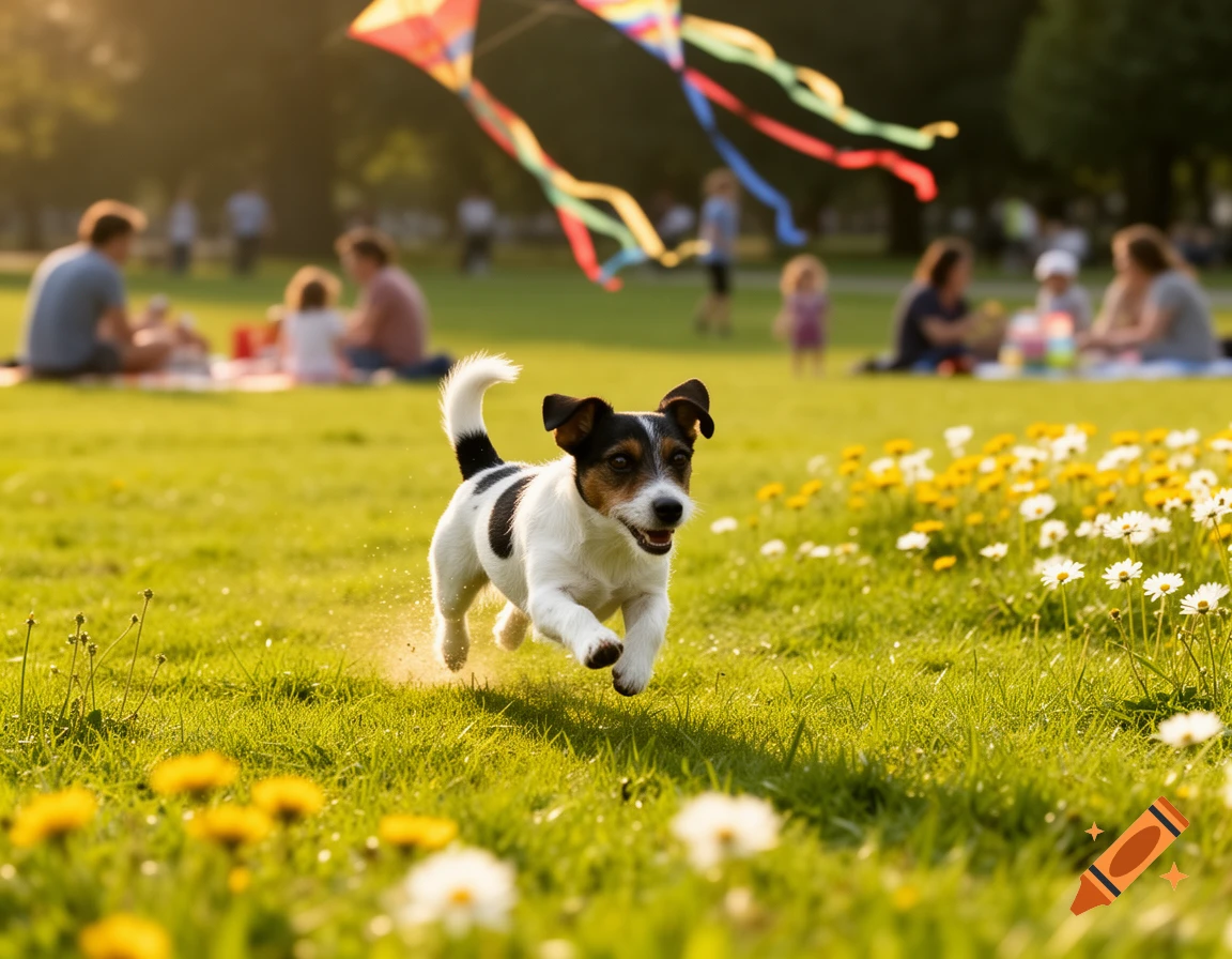 A cheerful black and white Jack Russell Terrier dog runs through a sunlit park with wildflowers, people picnicking, and kites flying.