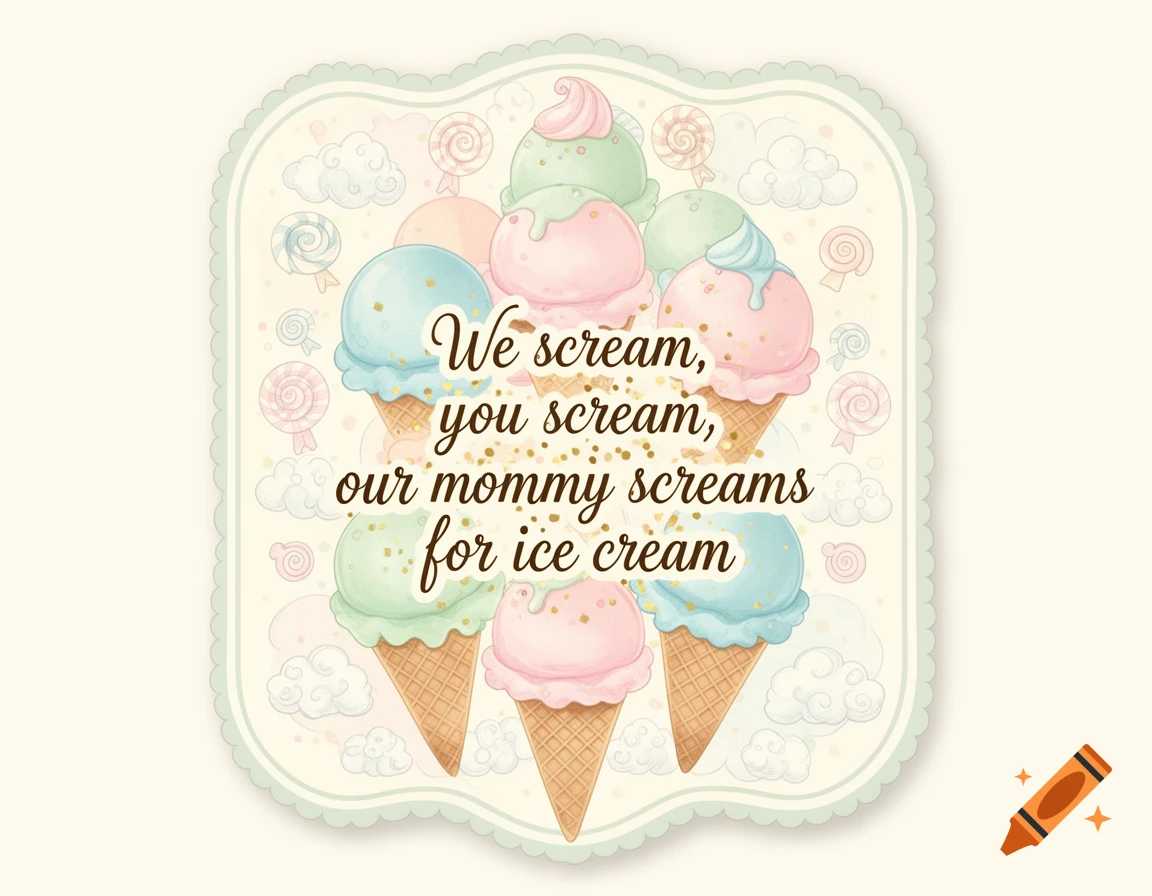 Pastel watercolor illustration of ice cream cones in a pyramid shape on a scalloped sign. Text reads: We scream, you scream, our mommy screams for ice cream.
