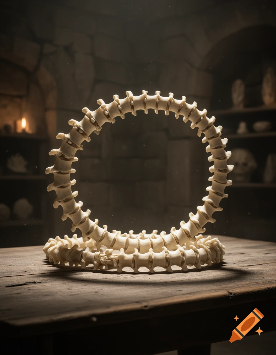 A sculptural bone object, resembling a coiled spinal column, rests on a rustic wooden table in a dimly lit stone room.