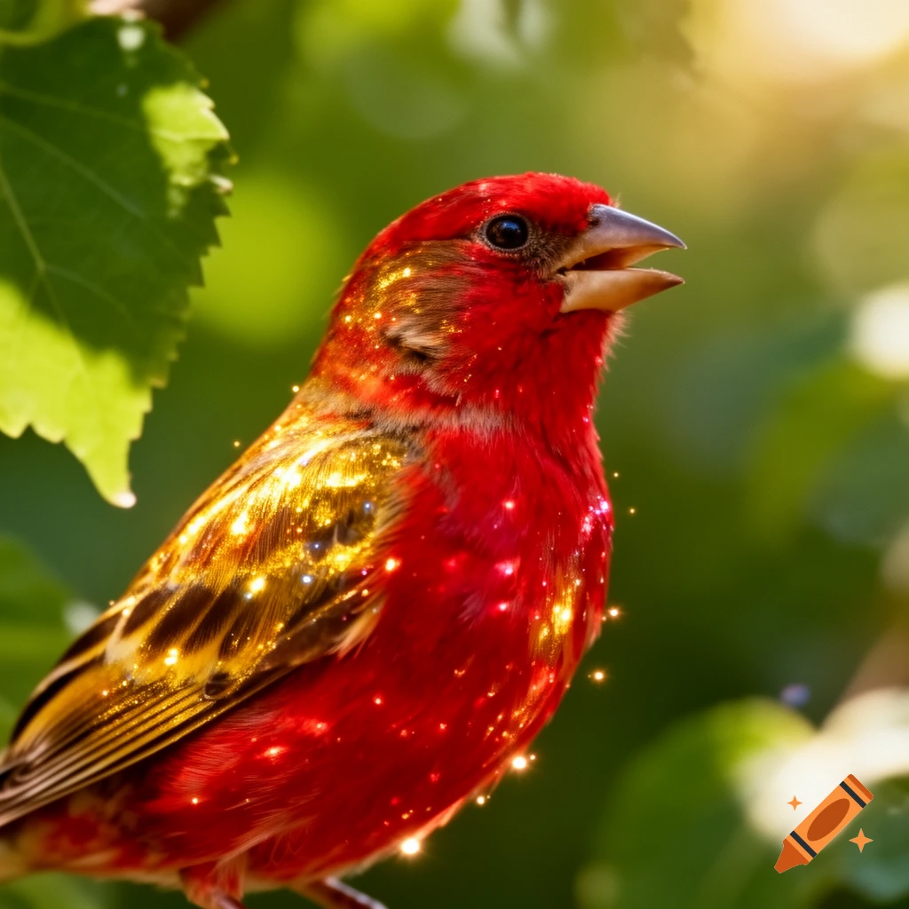 A vibrant red bird with sparkling gold glitter on its feathers, perched amongst lush green leaves in soft sunlight.