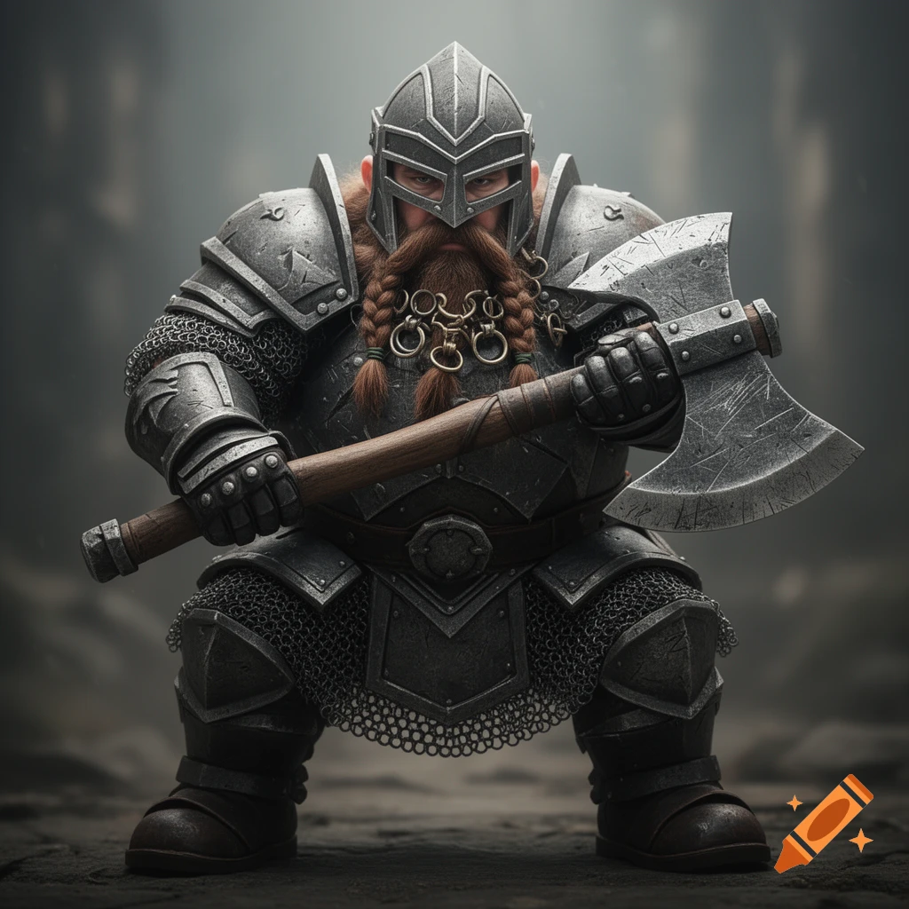 A heavily armored dwarf with a braided beard and helmet, crouching in a defensive stance while holding a large battle axe.