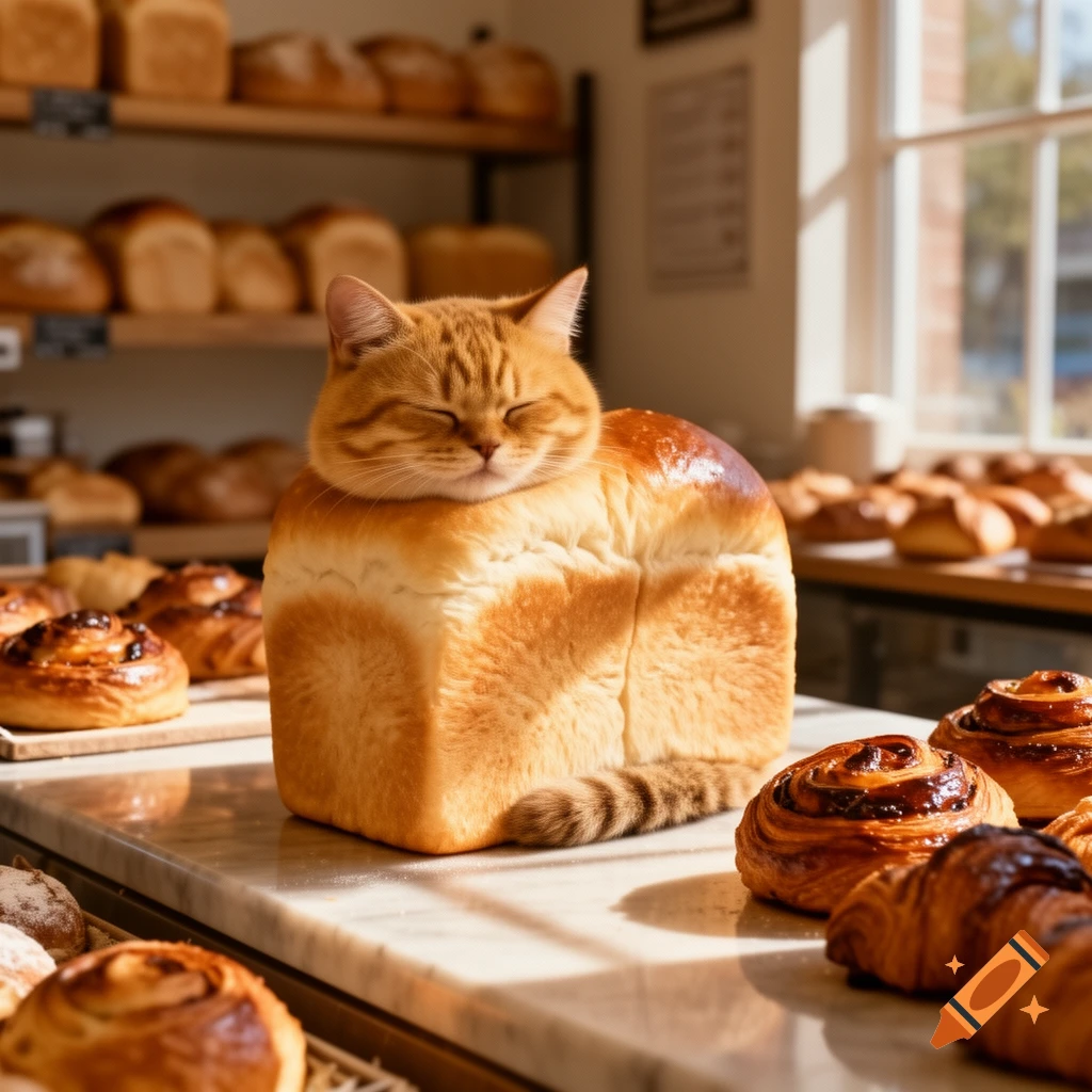 A chunky orange cat with its eyes closed, resembling a loaf of bread, sits on a bakery counter with pastries and bread loaves in the background.