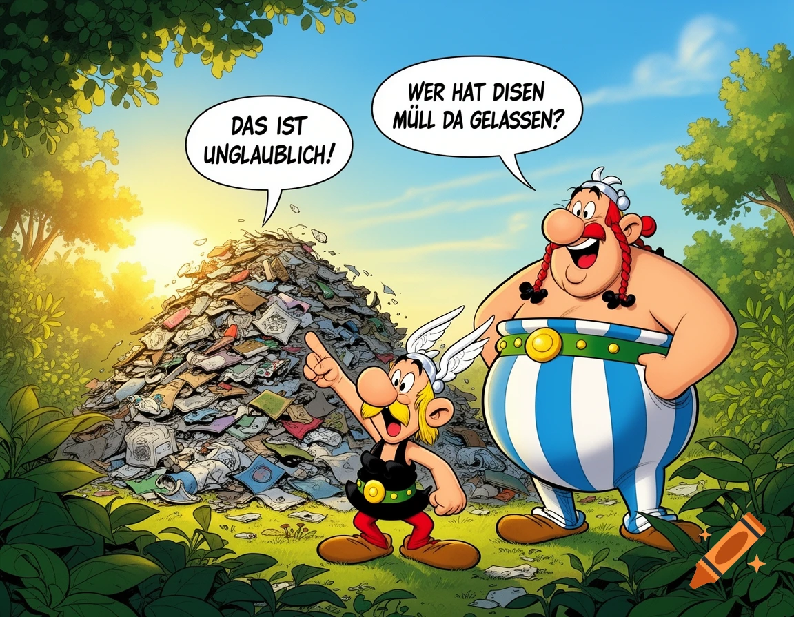 Cartoon characters Asterix and Obelix stand beside a huge pile of trash in a sunny forest clearing, complaining in German.