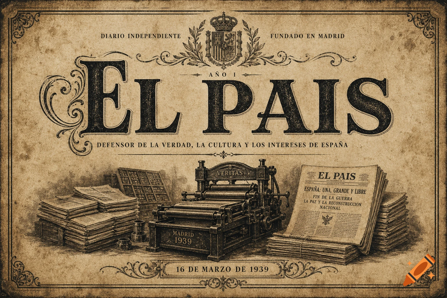 An antique-style illustration of an old newspaper front page titled 'El Pais', surrounded by stacks of newspapers and a vintage printing press, set in Madrid 1939.