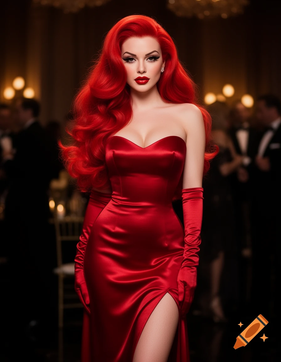 Photorealistic image of a woman with long red hair and red lipstick, wearing a strapless red satin gown and long red gloves in an elegant room.