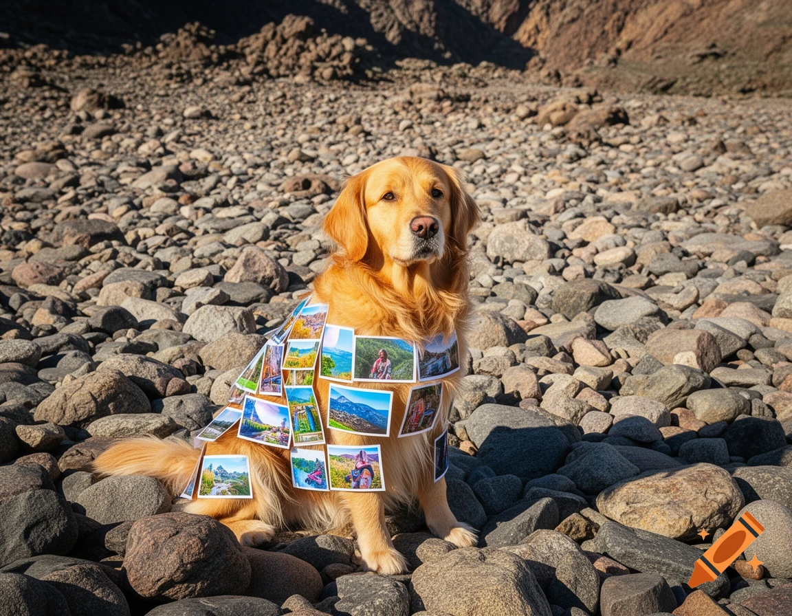 A photorealistic golden retriever sits on a rocky field, its fur covered with many small travel photos.