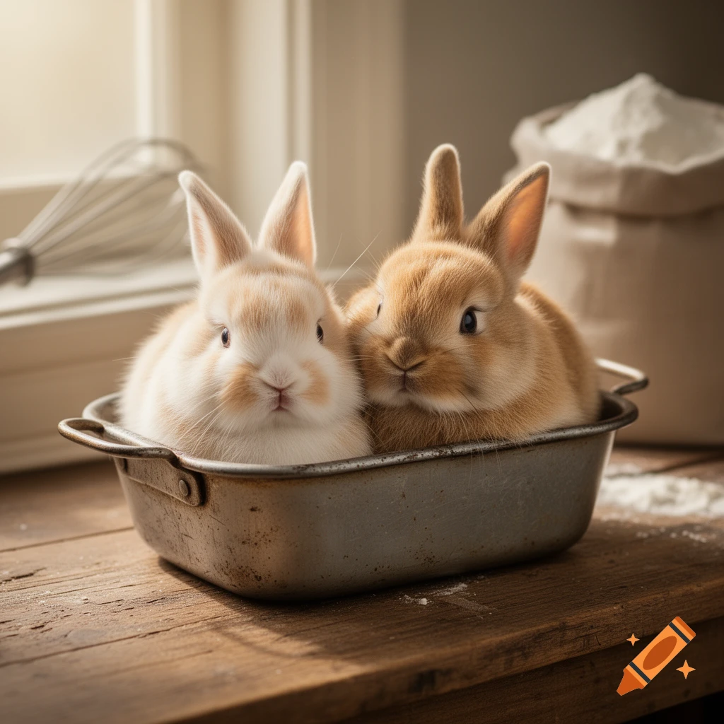 Two fluffy bunnies, one white and one brown, sit cozily in a metal baking pan on a wooden table, with flour in the background.