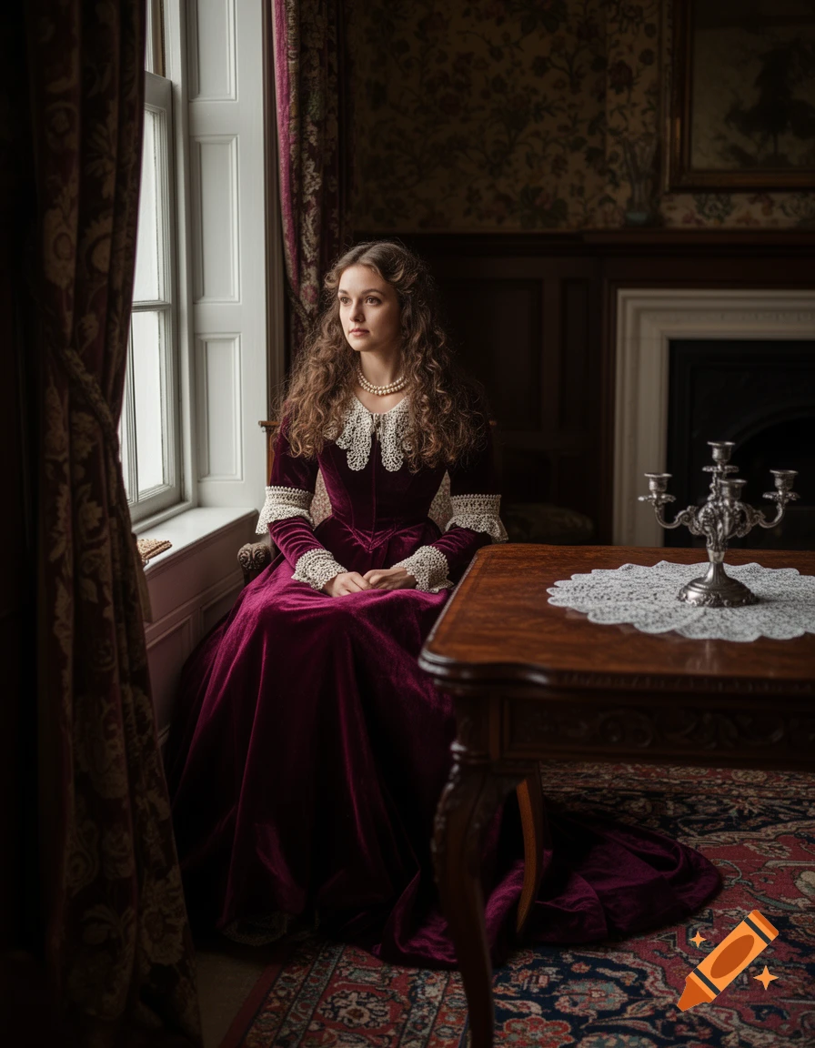A Victorian woman with curly brown hair, wearing a red velvet gown and lace, sits by a window in a dimly lit, ornate room.