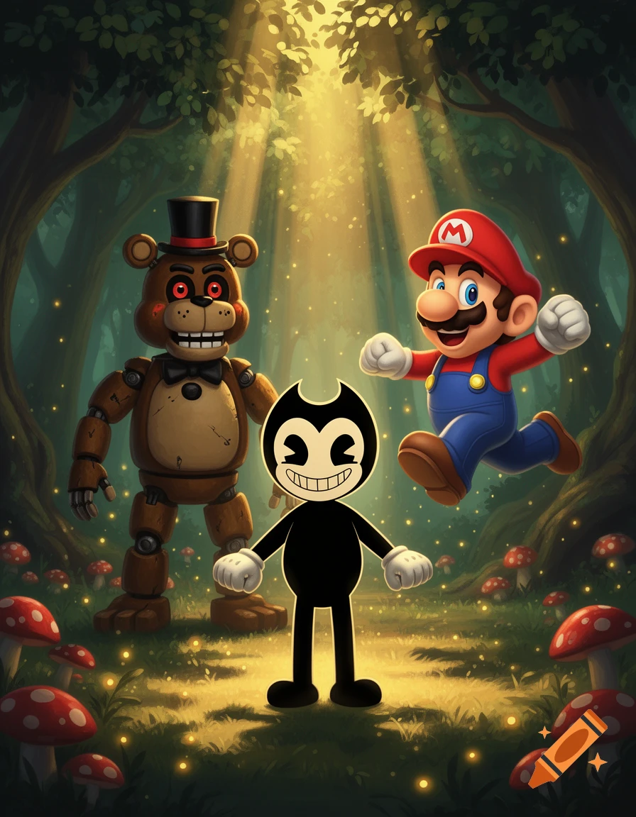Freddy Fazbear, Bendy, and Mario stand together in a sunlit, magical forest with red mushrooms.