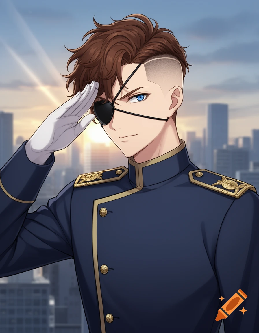 Anime male character with brown hair, skin fade, blue eyes, and an eyepatch, saluting in a dark blue uniform against a city sunset.