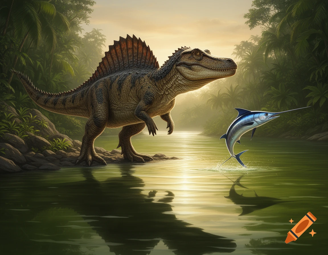 A photorealistic spinosaurus stands by a jungle river, watching a swordfish jump out of the water at sunset.