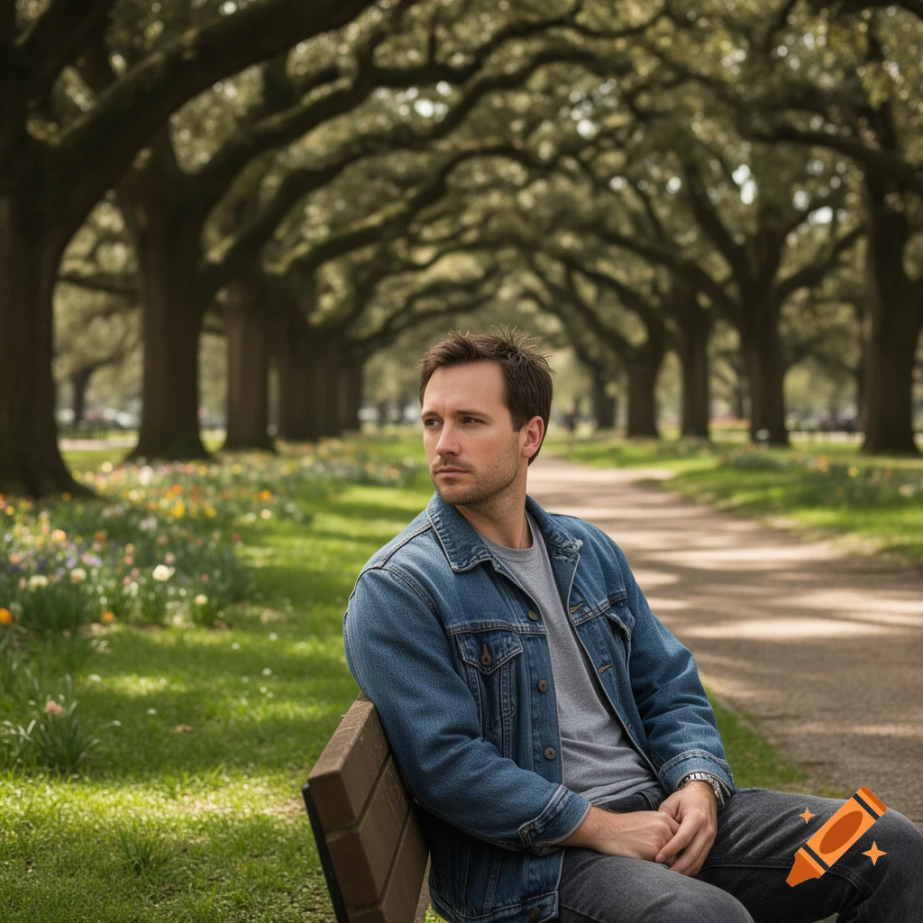 A man in a denim jacket and grey t-shirt sits on a park bench, looking left, beneath a canopy of large trees.