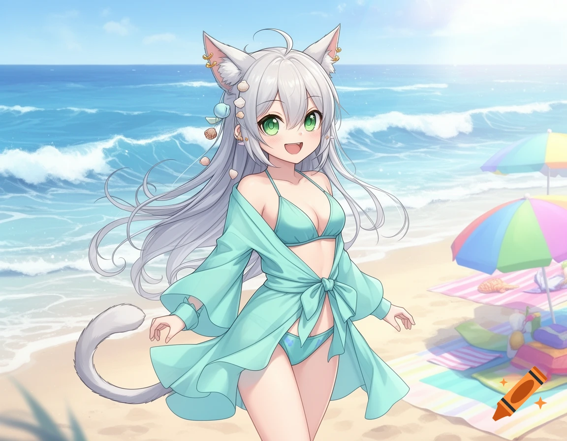 An anime cat girl with white hair and green eyes, wearing a teal bikini and sarong, stands smiling on a sunny beach.