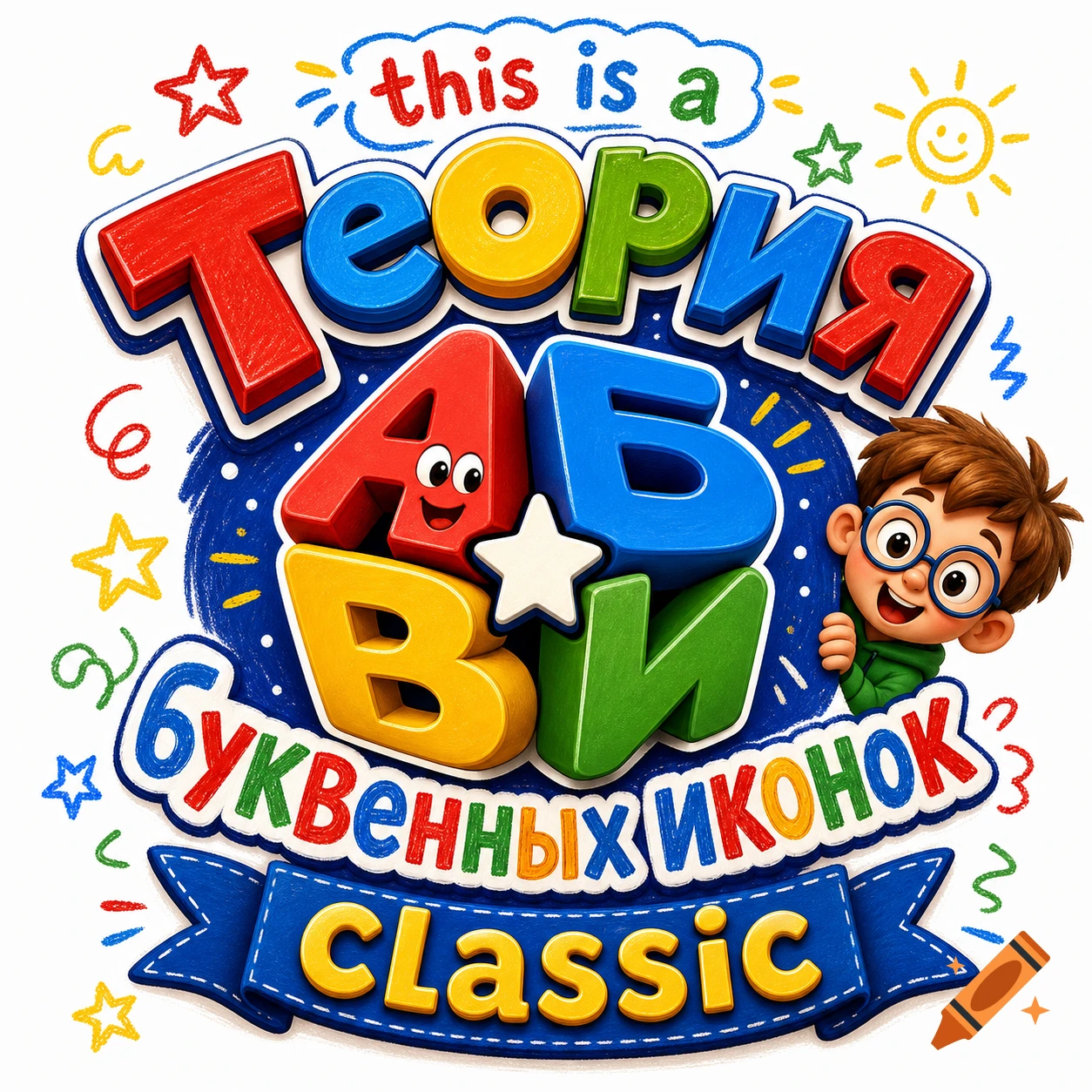 Colorful cartoon logo with a smiling boy, 3D letters "this is a Теория АБВ буквенных иконок Classic" on a blue chalk background.