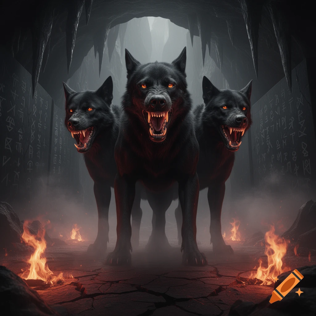 A three-headed black dog (Cerberus) with glowing red eyes and bared fangs stands in a smoky, fiery underworld cave with cryptic symbols on the walls, digital art.