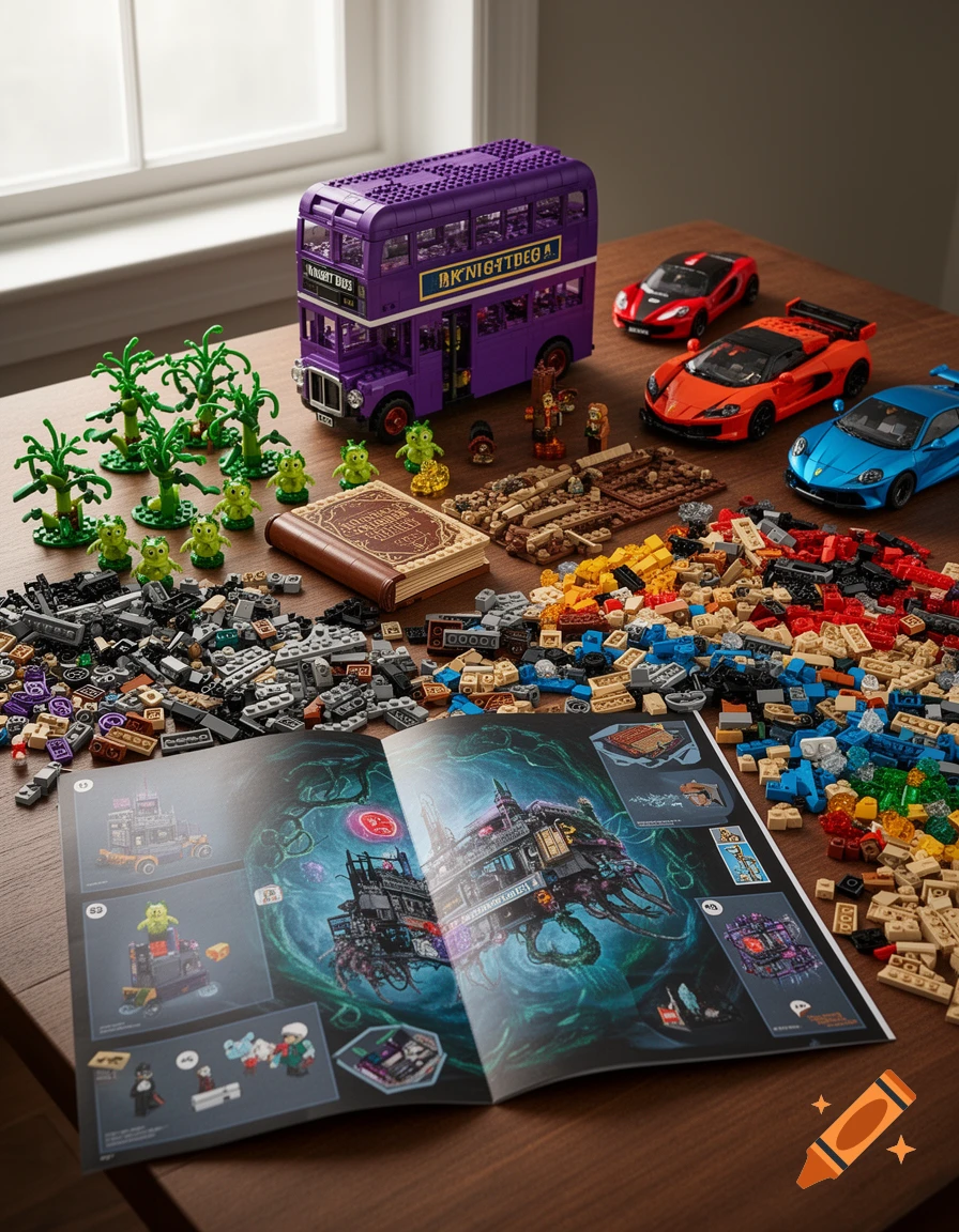 A wooden table is covered with various Lego bricks, several assembled Lego sets including a purple double-decker bus, three sports cars, and green plant-like figures. An open Lego instruction manual lies in the foreground.