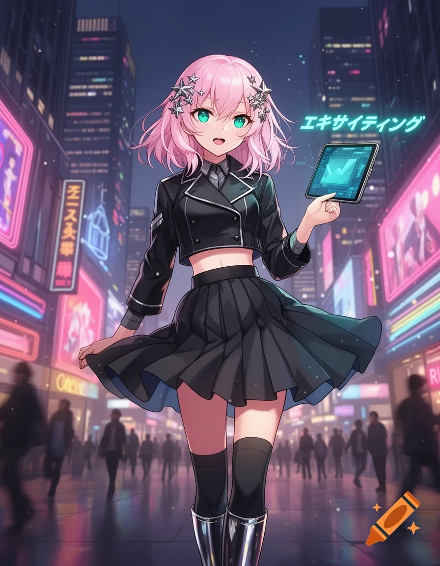 An anime girl with pink hair and green eyes in a black uniform holds a tablet on a neon-lit cyberpunk city street.