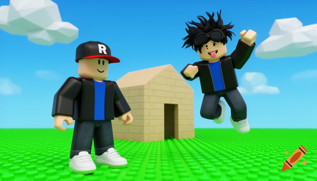 Two Roblox-style characters, one with an R-cap, the other jumping with goggles, in a vibrant 3D world with a sand house.