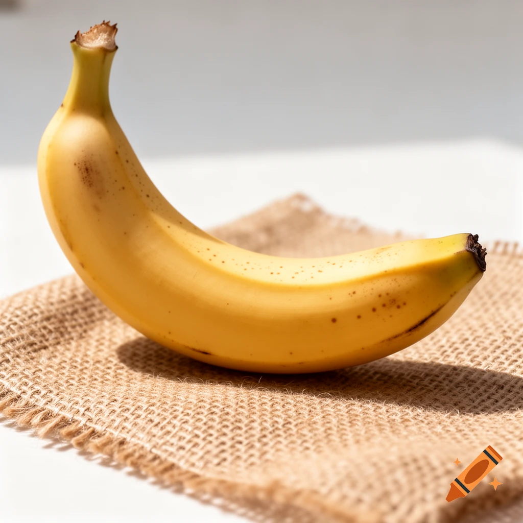 A ripe yellow banana with brown spots lies on a textured burlap cloth, with a bright, soft-focus background.