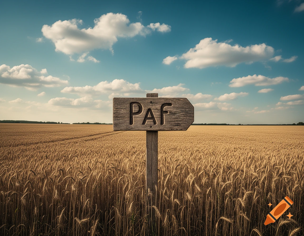 A wooden sign with 'PAF' carved into it stands in a vast golden wheat field under a blue sky with white clouds.