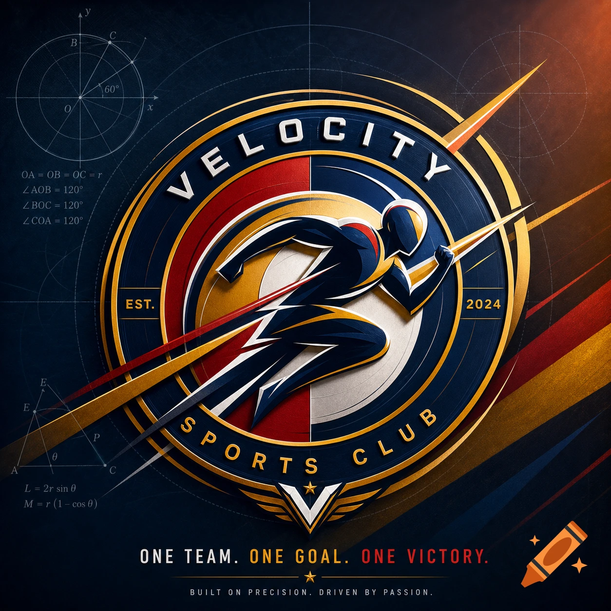 A dynamic sports club logo featuring a runner, "Velocity Sports Club" text, and geometric patterns on a dark background.