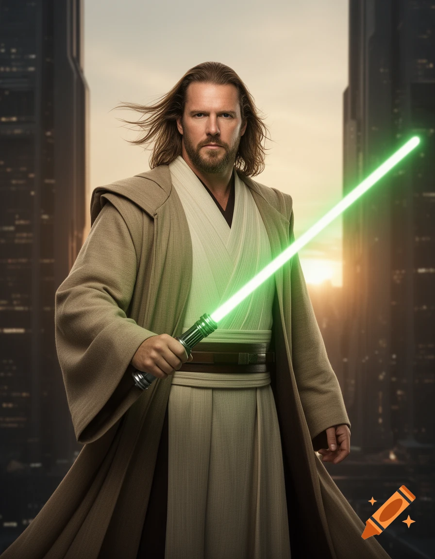 Photorealistic image of Chris Jericho dressed as a Jedi, holding a glowing green lightsaber against a city skyline.