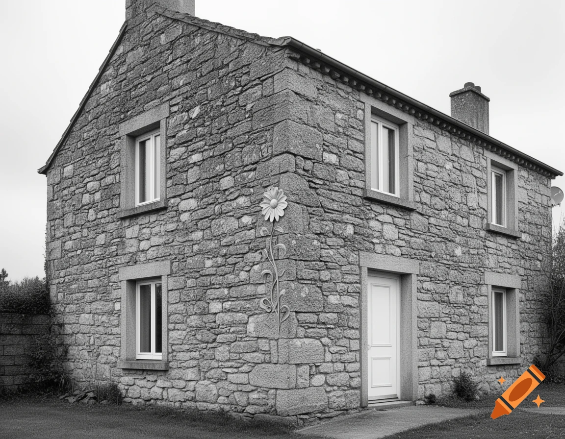 A black and white photograph of a two-story stone house with a large carved flower and stem decorating its corner wall.