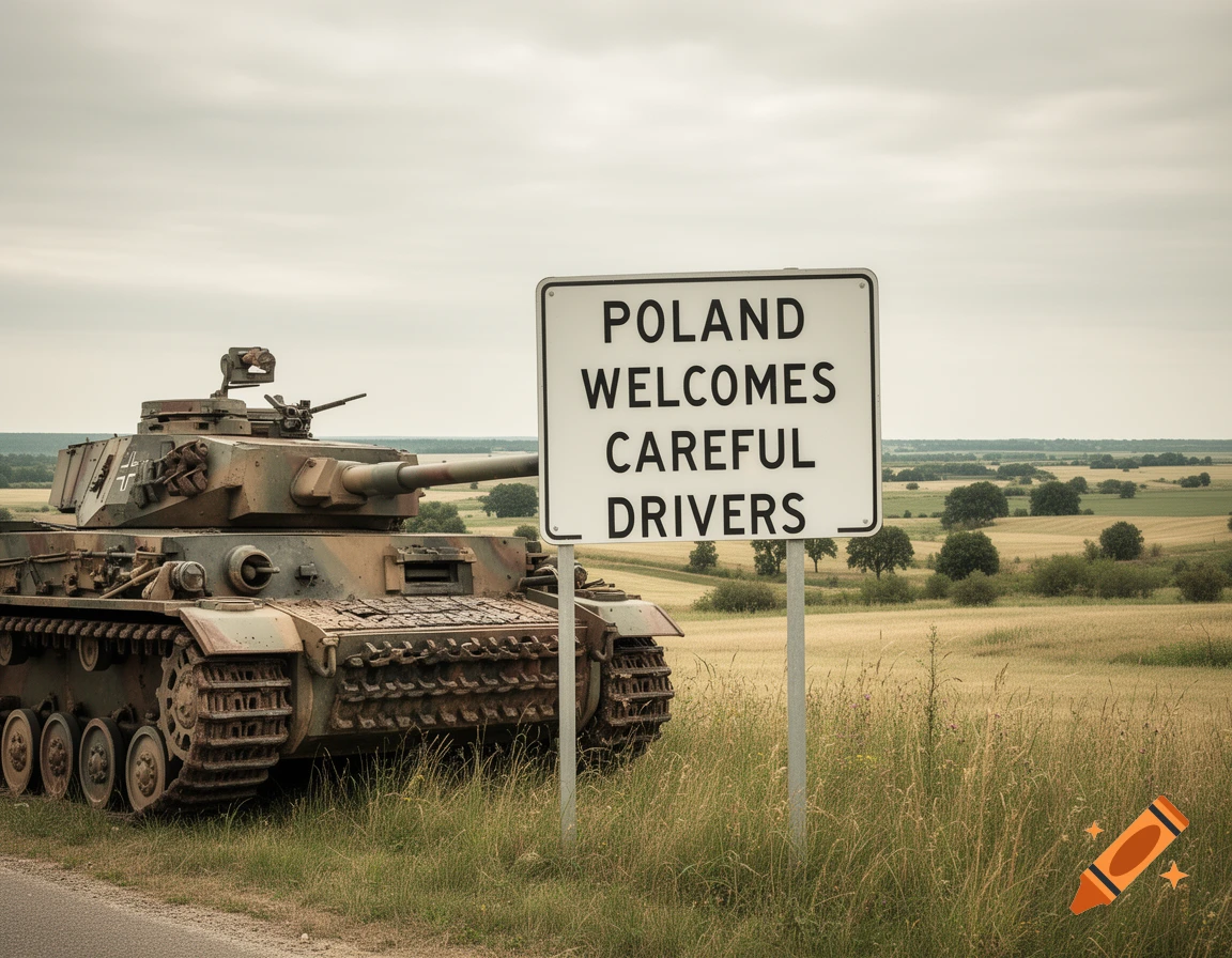 A German Panzer IV tank with camouflage paint is parked on a dirt road next to a sign reading 'POLAND WELCOMES CAREFUL DRIVERS'. The background is a vast field under a cloudy sky.
