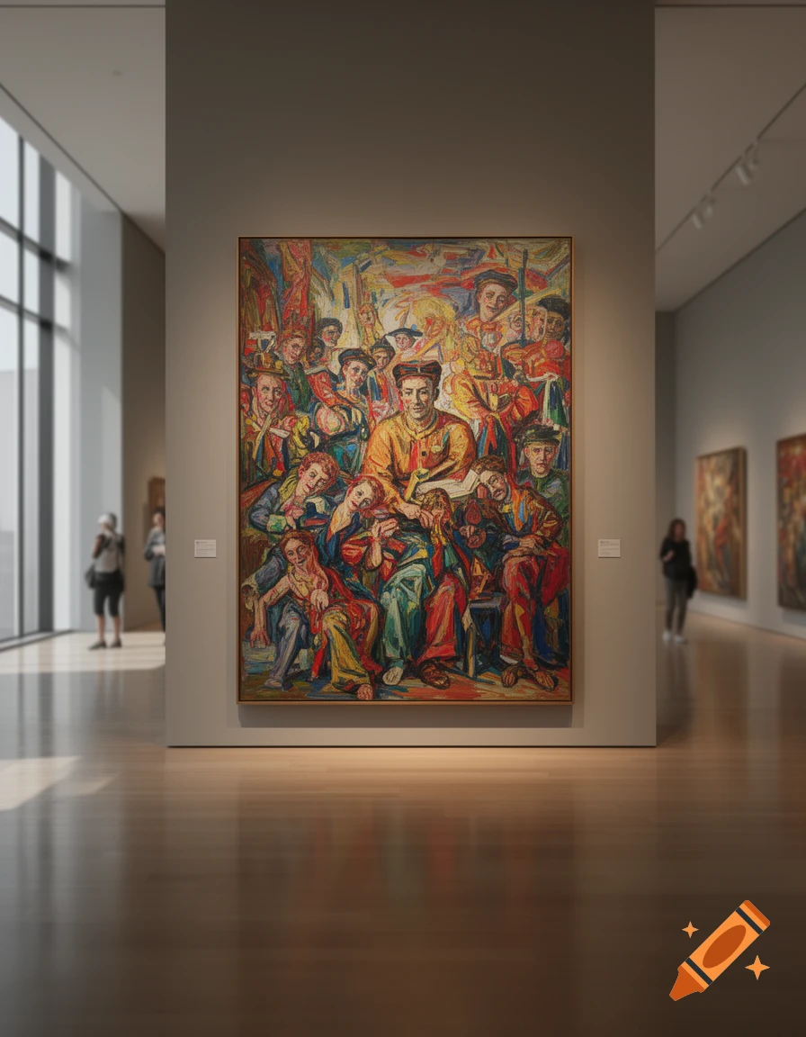 A vibrant, multi-figure expressionist painting hangs prominently in a modern art museum, with blurred visitors and large windows.