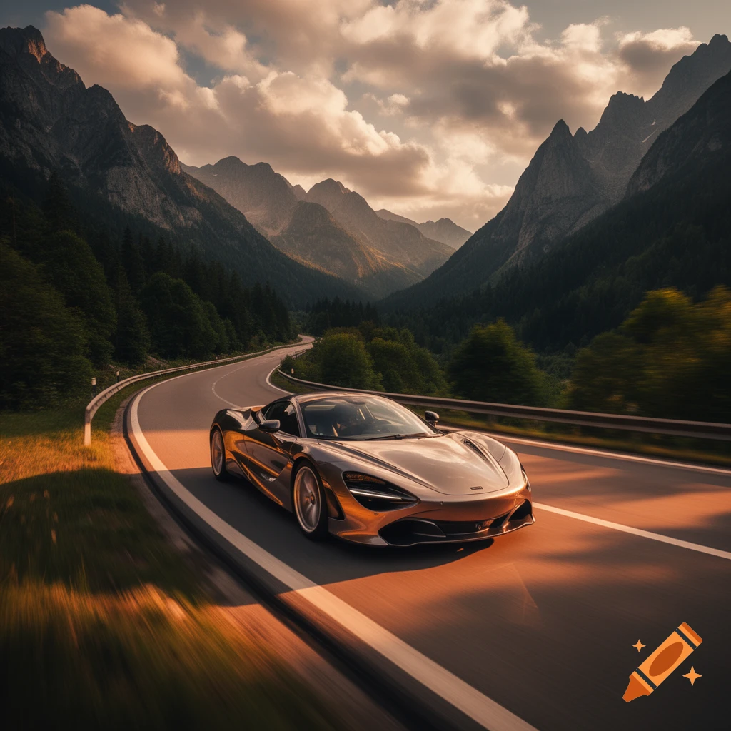 A gold sports car drives on a winding mountain road at sunset, with tall mountains and a cloudy sky in the background.