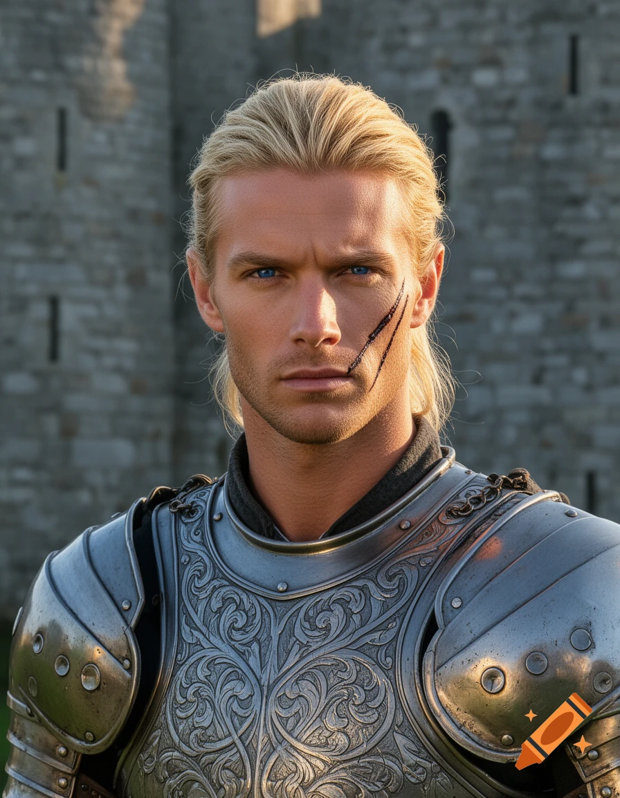 Photorealistic portrait of a blonde knight with blue eyes and a scar, wearing ornate silver armor, against a stone castle.