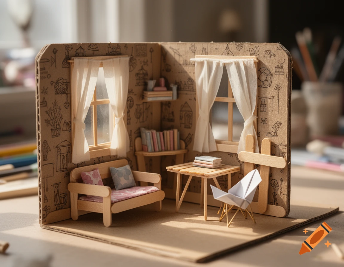 A meticulously crafted miniature room made from cardboard, popsicle sticks, and paper, featuring tiny furniture and windows.