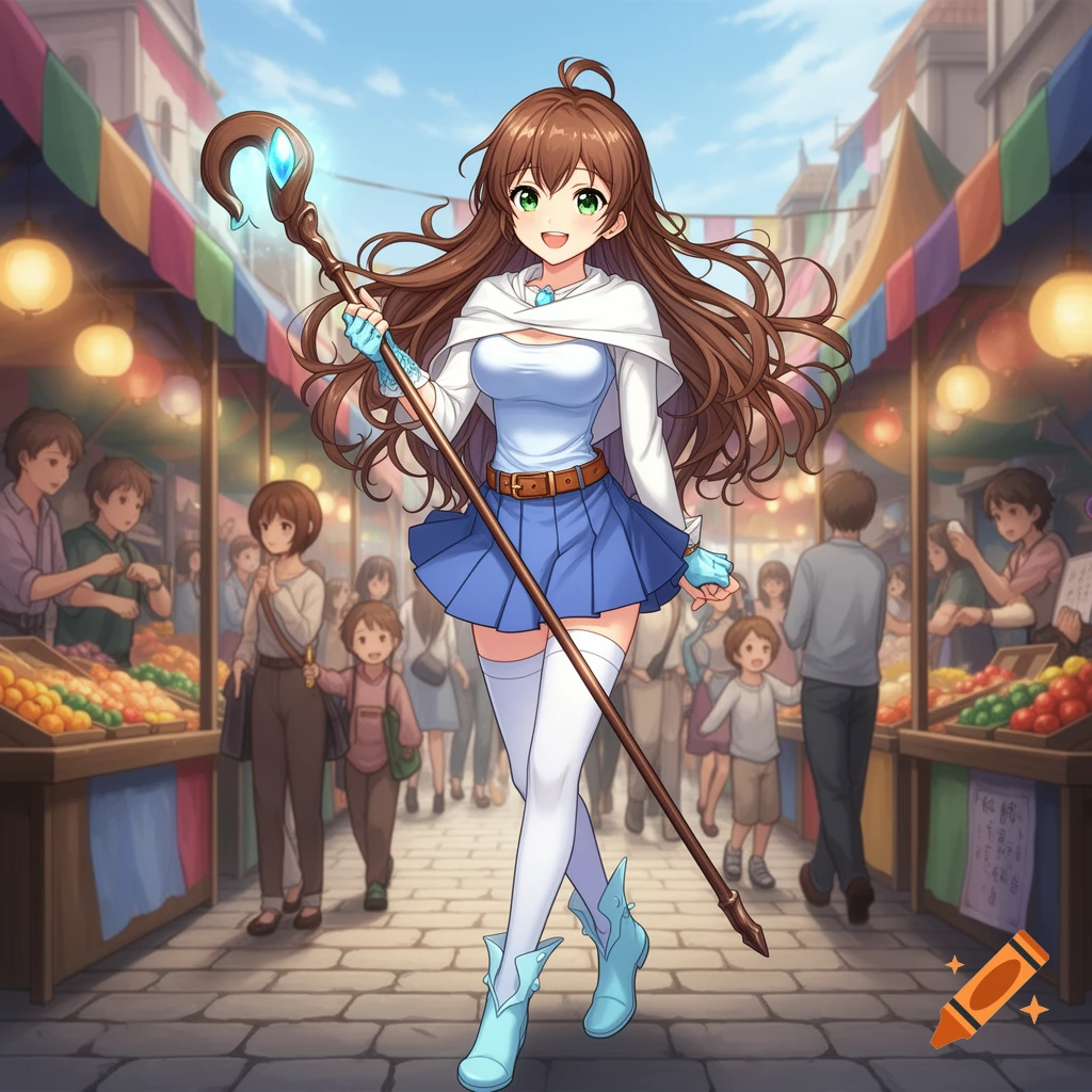 Anime-style young woman with brown hair, green eyes, holding a staff, stands in a bustling marketplace.