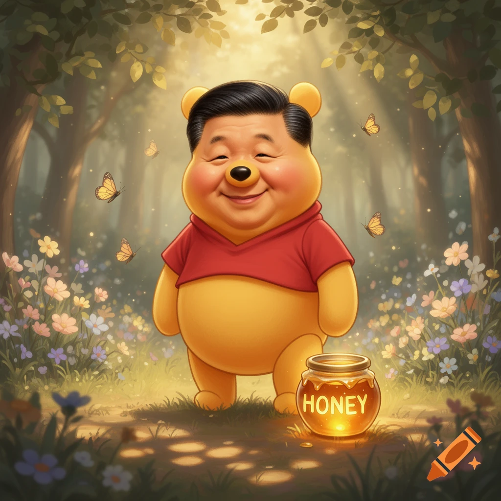 A cartoon Winnie the Pooh with Xi Jinping's smiling face stands in a sunlit, flowery forest with a honey pot.