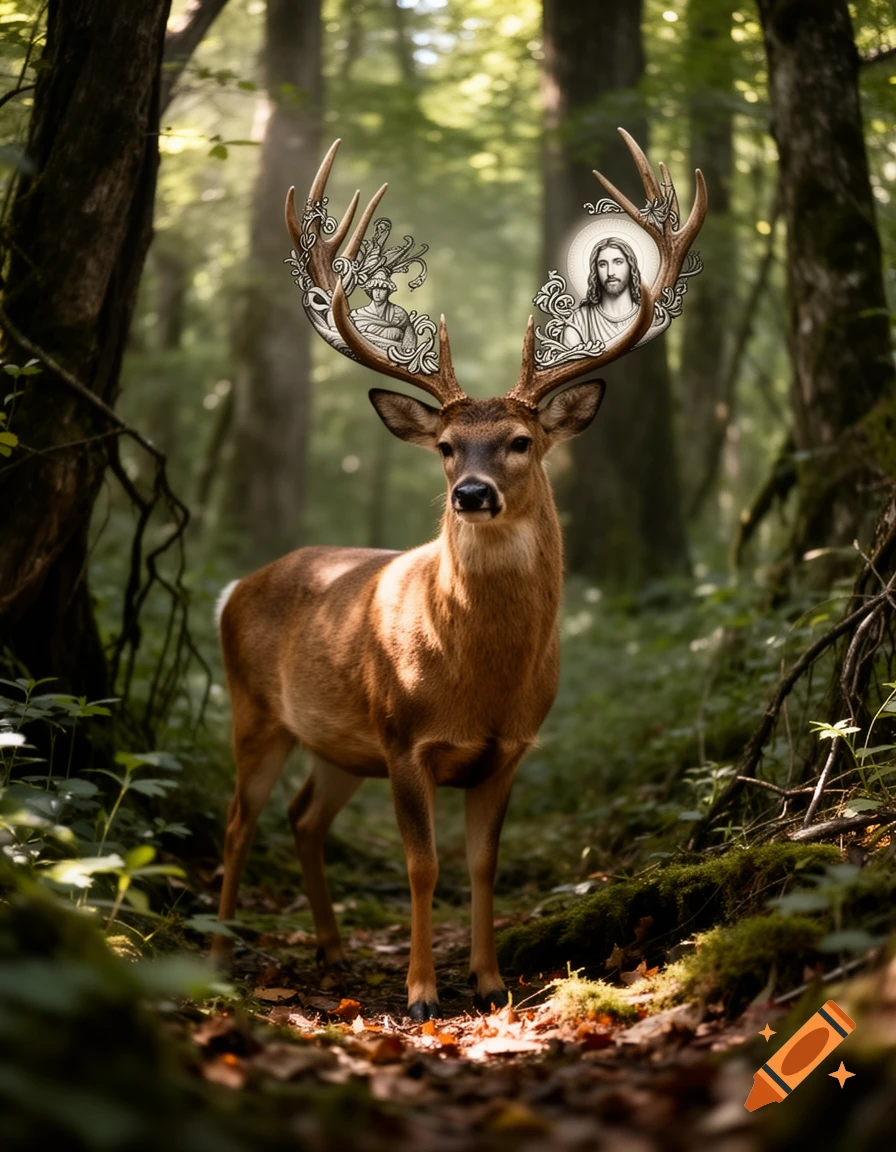 A photorealistic deer stands in a sunlit forest, its elaborate antlers featuring ornate frames with images of Jesus and another figure.