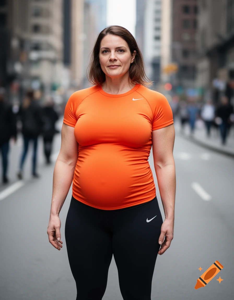 A white woman with brown hair, wearing an orange athletic shirt and black Nike leggings, standing on a city street.