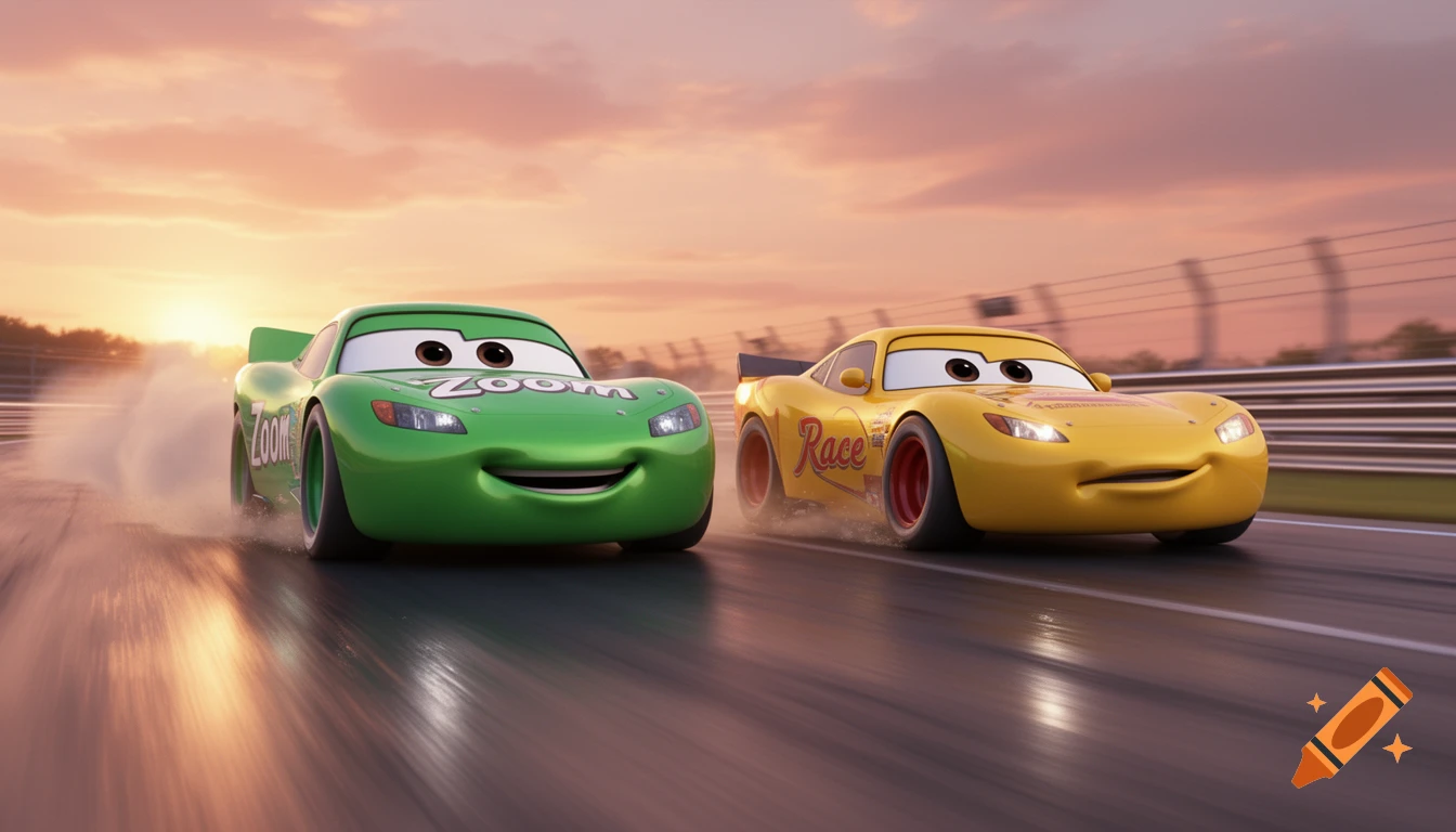 A green race car named Zoom and a yellow race car named Race speed down a wet track at sunset in CGI animation.