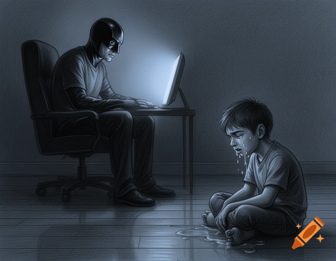 Monochrome drawing of a masked person at a computer, with a crying child sitting on the floor in front of them.