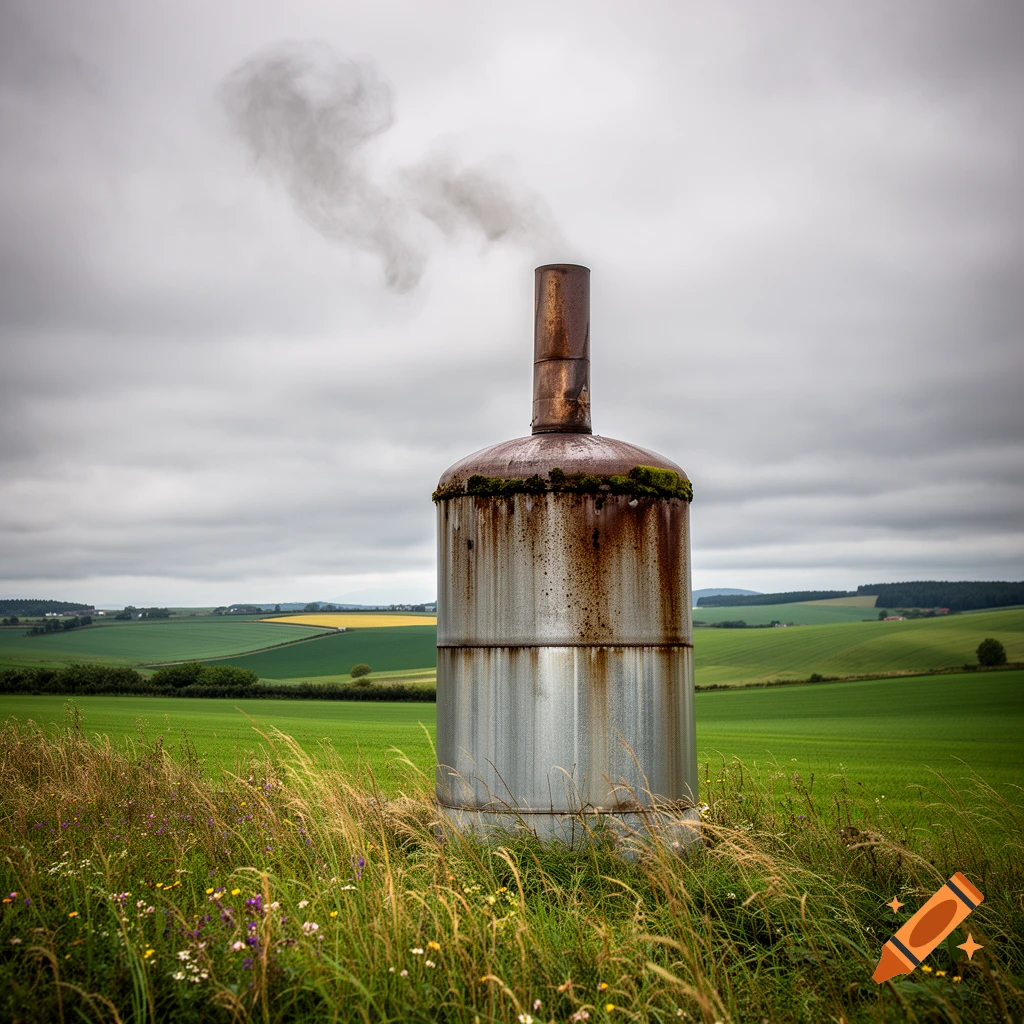A rusty metal industrial tank with a smoking chimney stands in a grassy field, surrounded by green hills under a cloudy sky.