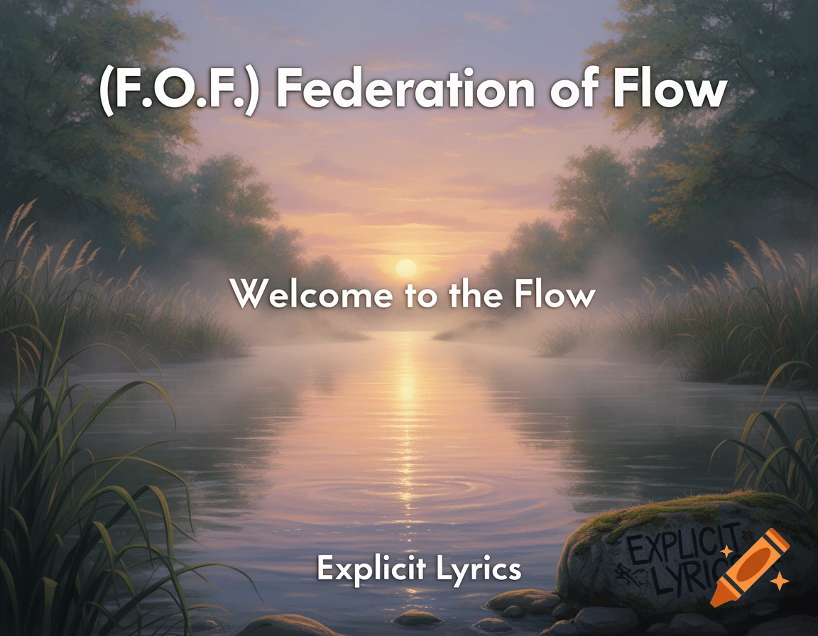 Serene landscape painting of a misty river at sunrise/sunset with text "(F.O.F.) Federation of Flow", "Welcome to the Flow", and "Explicit Lyrics".