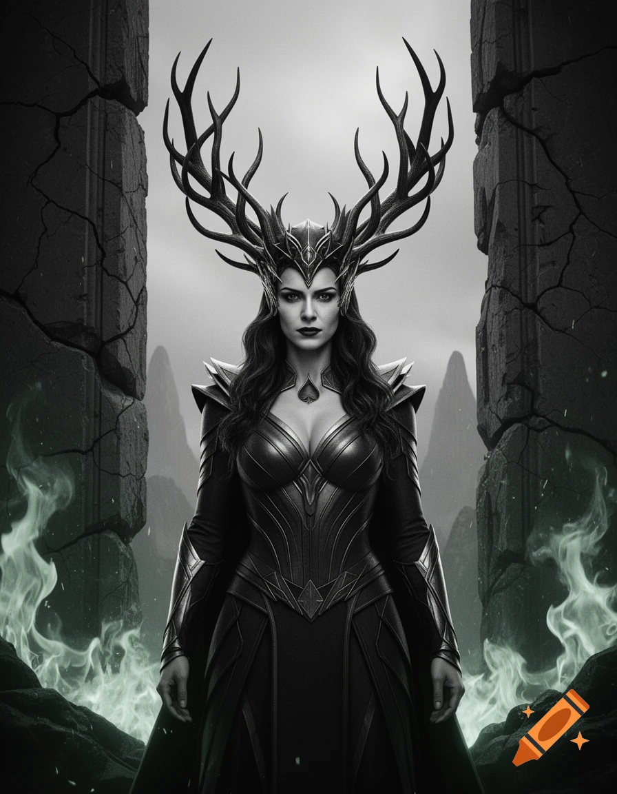 Dark fantasy portrait of a formidable woman with long dark hair, wearing black armor and a large antlered crown, standing between cracked stone pillars with green flames on the ground.