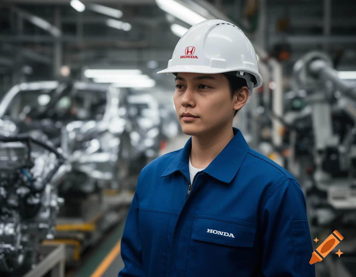 A young man in a blue Honda uniform and white hard hat stands in an automotive factory.
