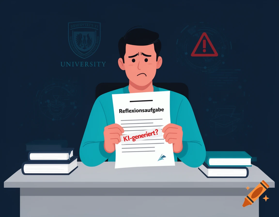 A frustrated male teacher sits at a desk, holding a paper with "Reflexionsaufgabe" and "KI-generiert?" written on it, in a flat illustration style.