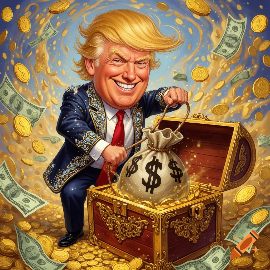 A grinning caricature of Donald Trump pulls a dollar-sign money bag from a golden treasure chest overflowing with coins and surrounded by floating money and golden clouds.