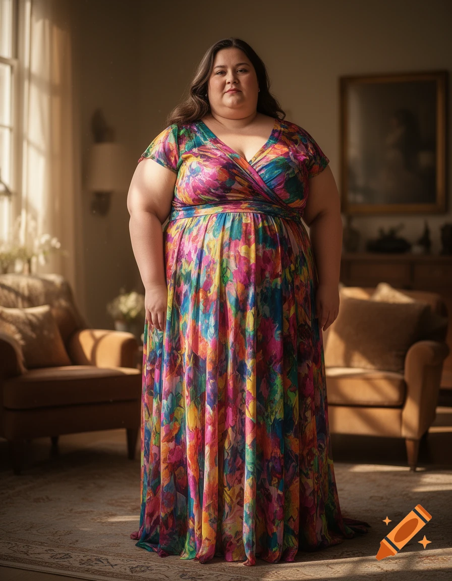 A plus-size woman with long dark hair, wearing a colorful floral maxi dress, stands in a softly lit room.