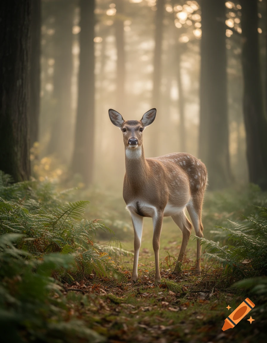 A photorealistic image of a deer standing in a misty forest surrounded by ferns and trees.