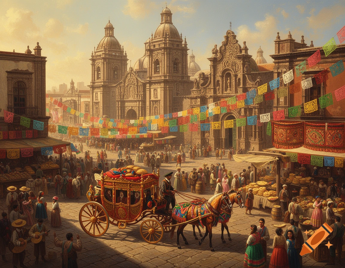 A vibrant, detailed painting of a bustling historical market square in a Mexican city, with a horse-drawn carriage and colorful banners under a clear sky.